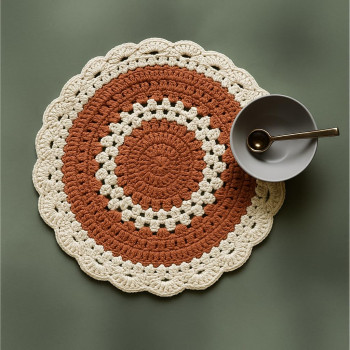 Handmade Round Crochet Placemat | Dining Table Mat (Round 38 Cm) (Tan & White)