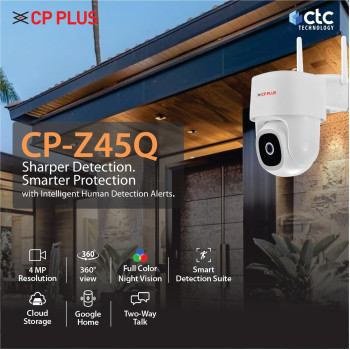 CP PLUS 4MP Quad HD Wi-Fi CCTV Camera | 360 degree Pan & Tilt | Full-Color Night Vision | Smart Detection Suite | CTC Cyber Secure Tech | OK Google | View & Talk | Cloud Recording - CP-Z45Q