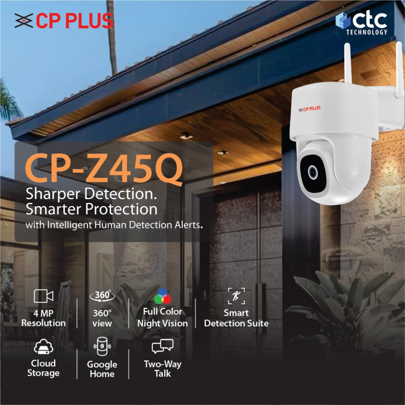 CP PLUS 4MP Quad HD Wi-Fi CCTV Camera | 360 degree Pan & Tilt | Full-Color Night Vision | Smart Detection Suite | CTC Cyber Secure Tech | OK Google | View & Talk | Cloud Recording - CP-Z45Q