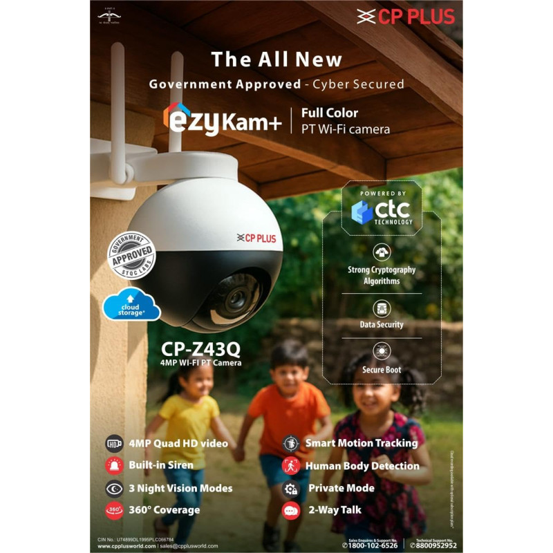 CP PLUS 4MP WI-FI Full Color Outdoor Smart Security Camera | CTC Technology |360? Pan & Tilt |Two Way Talk| Human Detection | Night Vision | Supports SD Card (Up to 128 GB) | Alexa & Google CP-Z43Q