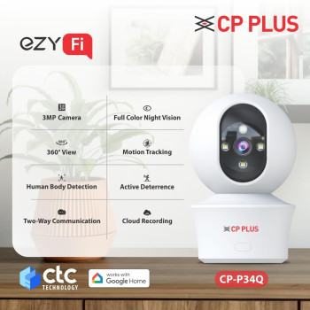 CP PLUS 3MP Smart Wi-Fi CCTV Camera with 360 degree Pan & Tilt | View & Talk | Smart Detection Suite for Home | Night Vision 30 Meter | Cloud Recording | Cyber Secure Tech | EZ-P34Q
