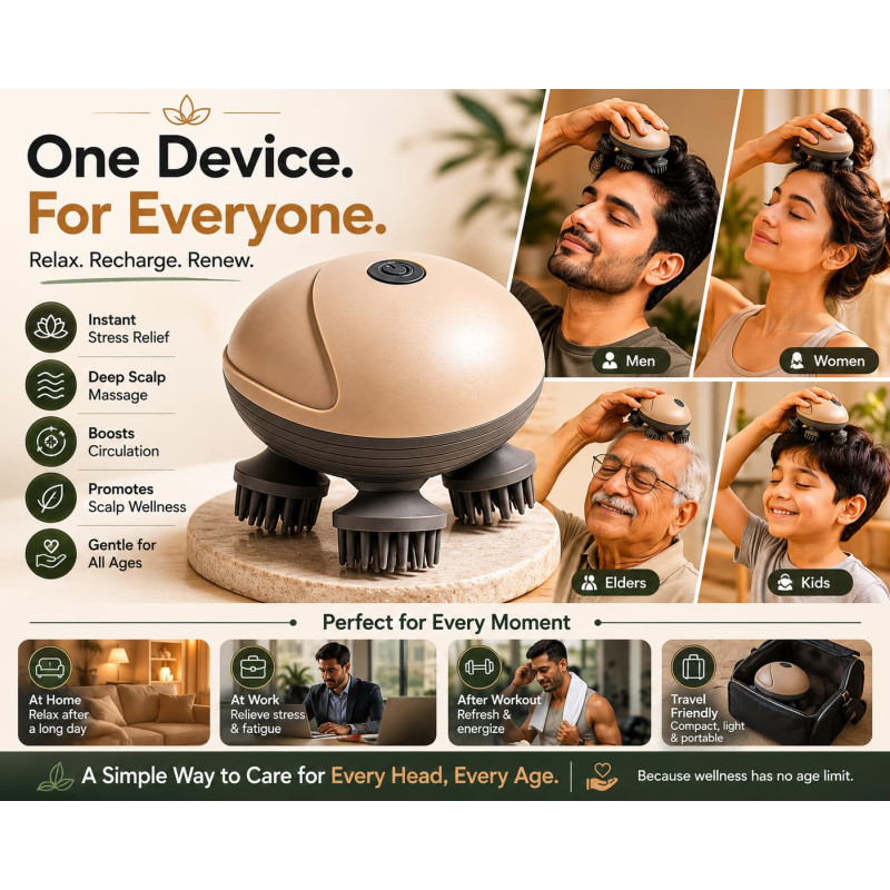 Rechargeable Electric Head Massager for Scalp with Soft Silicone Nodes & Dual Detachable Heads | Deep Relaxation & Scalp Care for Men & Women