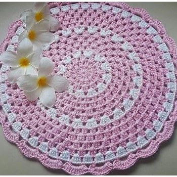 Woollen Handmade Crochet Table Mat| 15 inch Thal posh (Pink White)