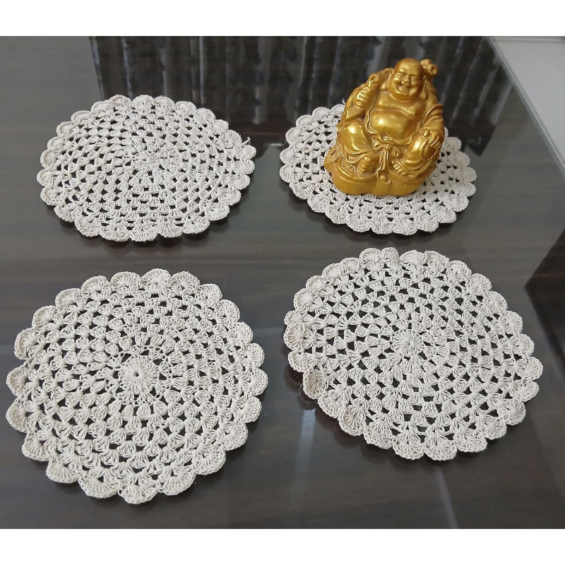Handmade Crochet Round Doily (Beige in Color) | Set of 4 in 10 cms Diameter