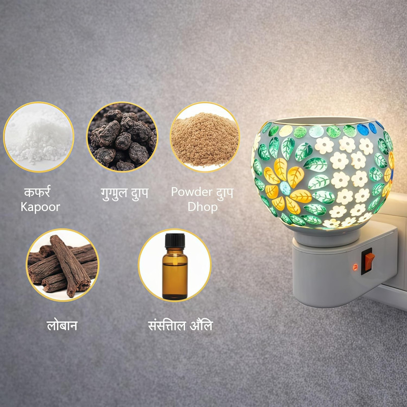 Electric Kapoor Dani Night Lamp with Auto Cut-Off | Smokeless Camphor Burner | Glass Aroma Diffuser | Mandir & Pooja Room | Loban Dhoop Dani