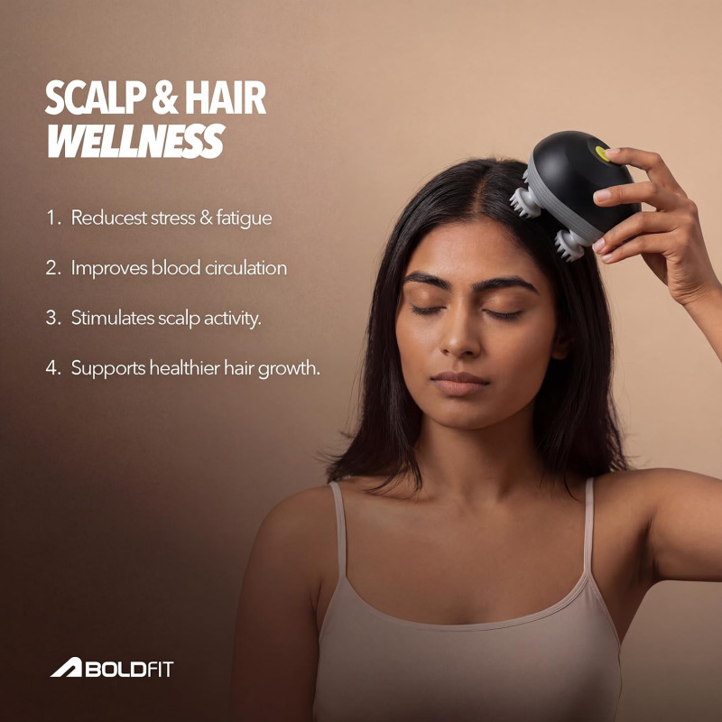 Boldfit Electric Scalp Head Massager with 96 Bristles, 3 Modes & 360 degree Kneading | Portable IPX7 Waterproof | 1200mAh Rechargeable | Type-C Charging for Scalp, Head & Body Use - Black