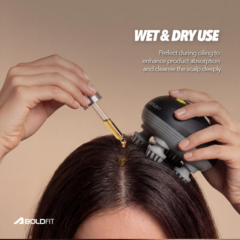 Boldfit Electric Scalp Head Massager with 96 Bristles, 3 Modes & 360 degree Kneading | Portable IPX7 Waterproof | 1200mAh Rechargeable | Type-C Charging for Scalp, Head & Body Use - Black