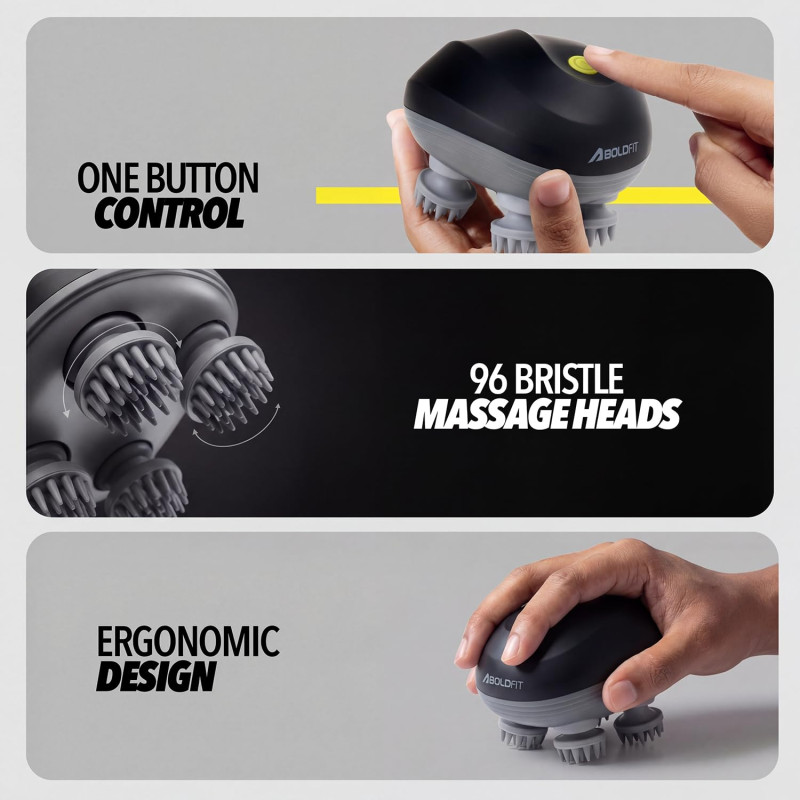 Boldfit Electric Scalp Head Massager with 96 Bristles, 3 Modes & 360 degree Kneading | Portable IPX7 Waterproof | 1200mAh Rechargeable | Type-C Charging for Scalp, Head & Body Use - Black