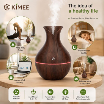 Aroma Humidifier for Room & Home | Wood Grain Essential Oil Diffuser | Ultrasonic Cool Mist Air Humidifier | 3 Colour LED Light | Touch Control | Auto Shut-Off | 200ml