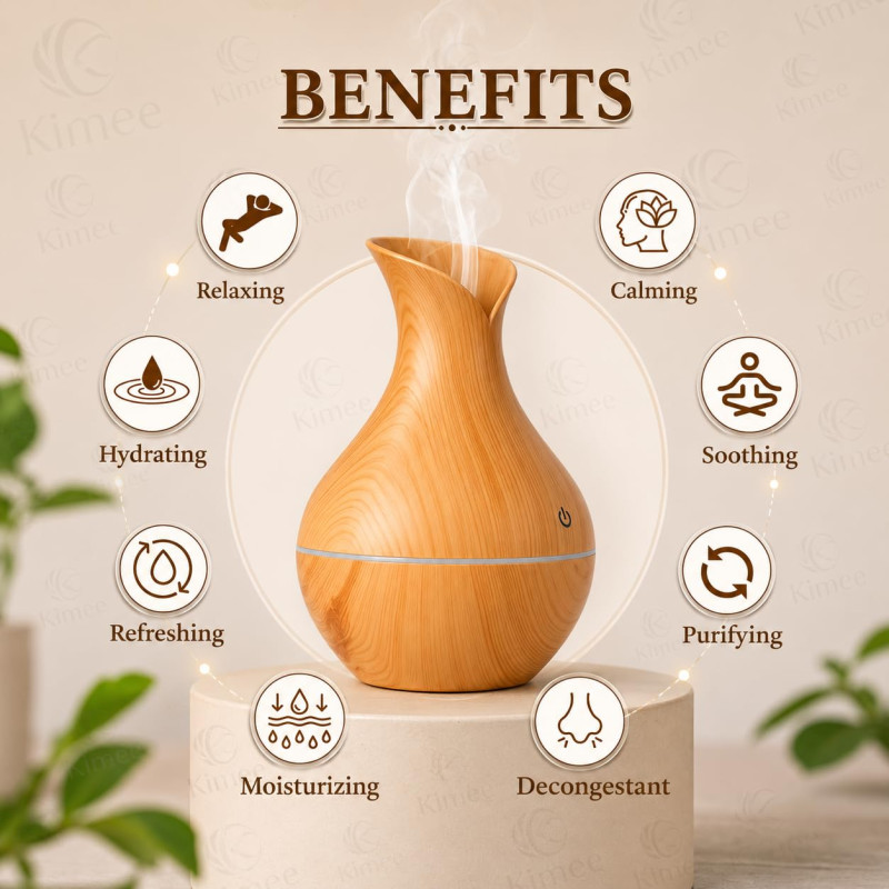 Aroma Humidifier for Room & Home | Wood Grain Essential Oil Diffuser | Ultrasonic Cool Mist Air Humidifier | 3 Colour LED Light | Touch Control | Auto Shut-Off | 200ml
