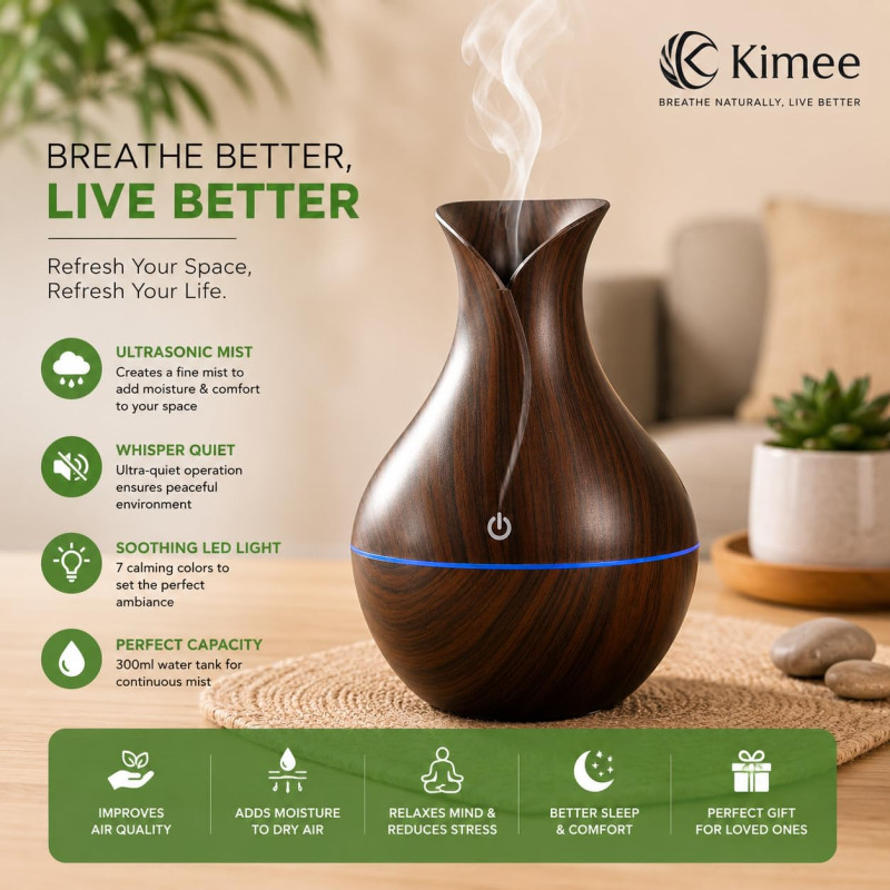 Aroma Humidifier for Room & Home | Wood Grain Essential Oil Diffuser | Ultrasonic Cool Mist Air Humidifier | 3 Colour LED Light | Touch Control | Auto Shut-Off | 200ml