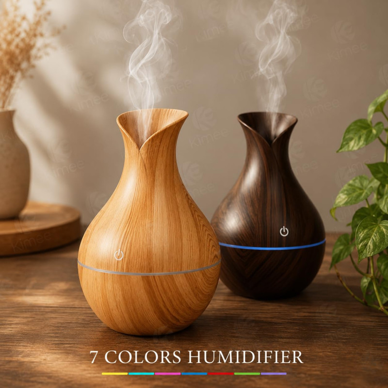 Aroma Humidifier for Room & Home | Wood Grain Essential Oil Diffuser | Ultrasonic Cool Mist Air Humidifier | 3 Colour LED Light | Touch Control | Auto Shut-Off | 200ml