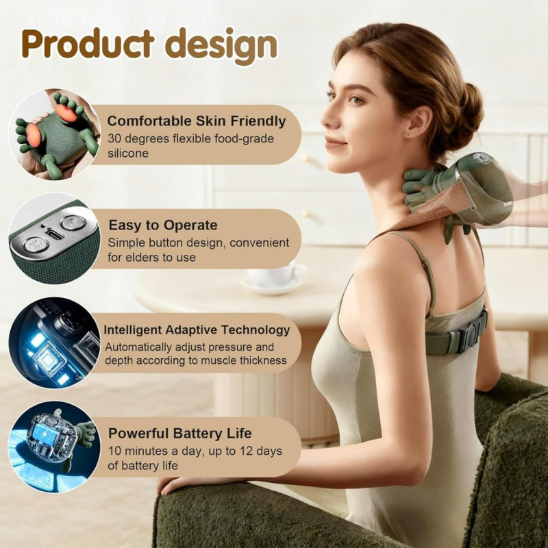 Bionic Heated Massager, Wireless Portable Shiatsu Neck and Back Massager | Electric Deep Tissue 4D Kneading Massage, Human Hand Design for Pain Relief
