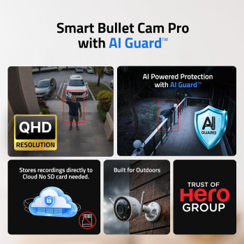 Qubo Smart Bullet Cam Pro 4MP | STQC Certified | AI Person Detection | Intruder Alarm | Color Night Vision | App Control | Records Directly on Cloud (No SD Card Required)