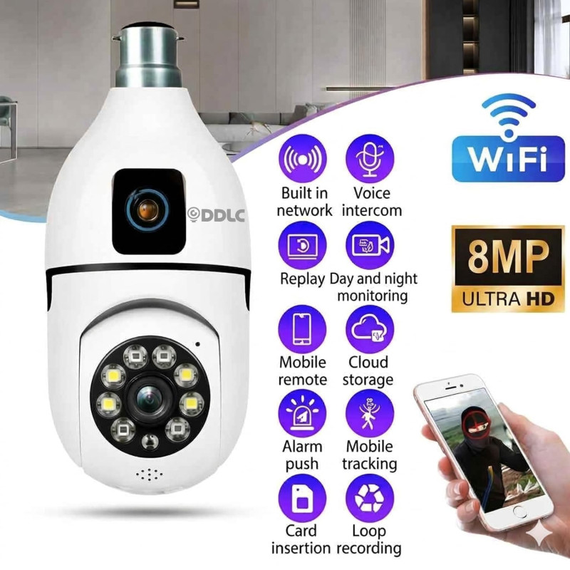 DDLC 4MP/8MP WiFi Smart Light Bulb Camera for Home | Full HD | Color Night Vision | Two Way Audio | Wireless Indoor Security Camera with Mobile App V380 Pro (Dual Lens Light Camera)