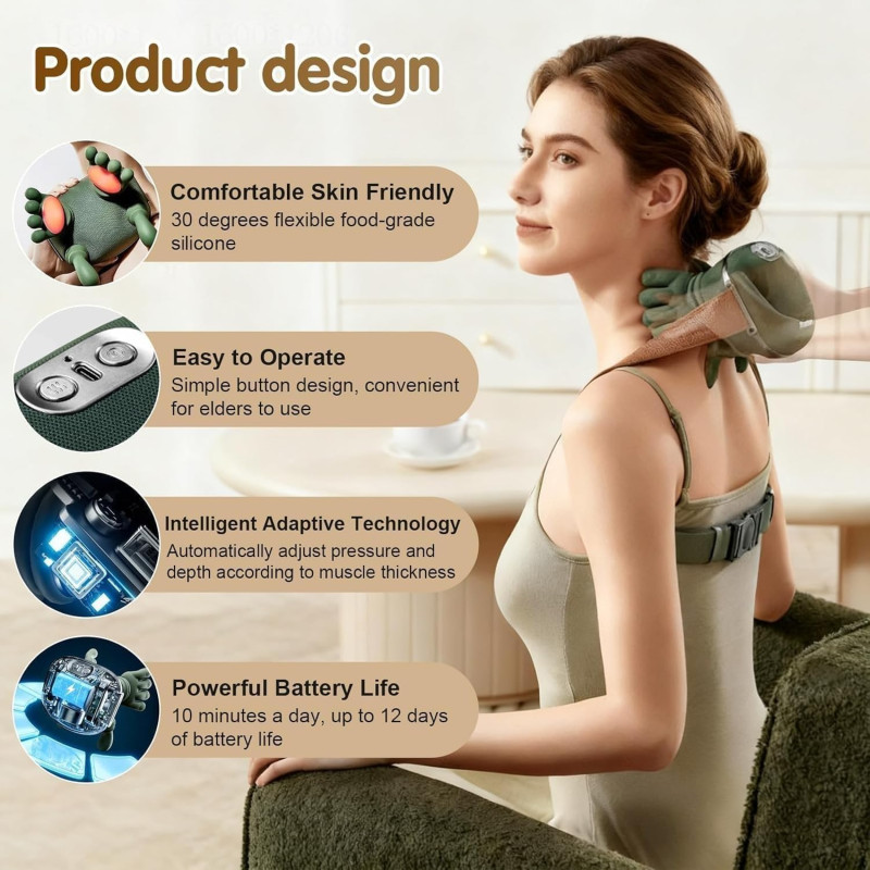 Neck & Shoulder Massager for Pain Relief Deep Tissue with Simulation Palm | Two-Speed Temperature Adjustment | Dual-Zone Heat, Back & Leg Massager