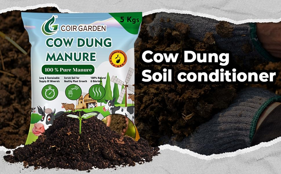  A pile of dark, crumbly cow dung compost surrounded by gardening 