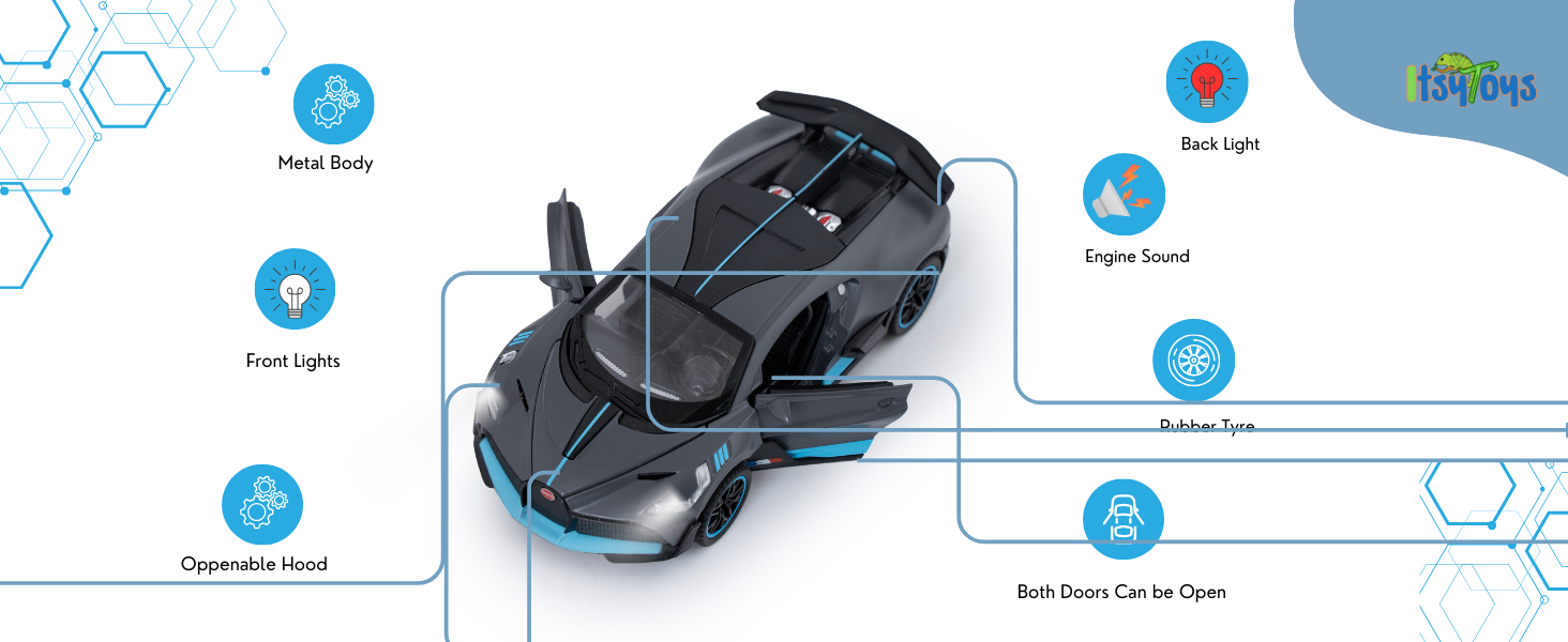 Detail view of Bugatti DieCast Car Toy,Metal Car toy for kids and Adults